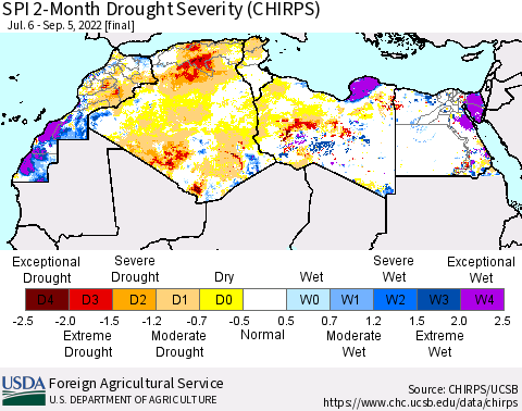 North Africa SPI 2-Month Drought Severity (CHIRPS) Thematic Map For 7/6/2022 - 9/5/2022