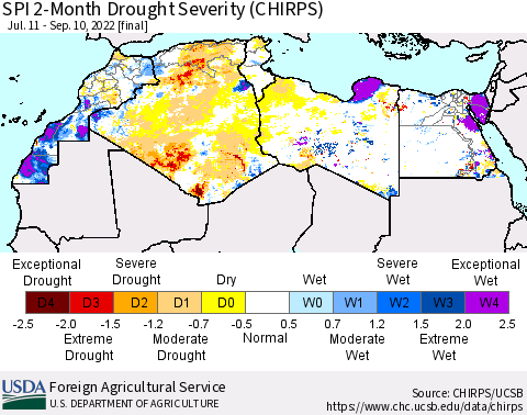 North Africa SPI 2-Month Drought Severity (CHIRPS) Thematic Map For 7/11/2022 - 9/10/2022