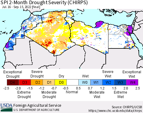 North Africa SPI 2-Month Drought Severity (CHIRPS) Thematic Map For 7/16/2022 - 9/15/2022