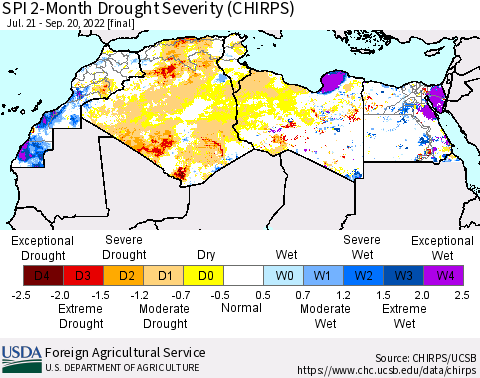 North Africa SPI 2-Month Drought Severity (CHIRPS) Thematic Map For 7/21/2022 - 9/20/2022