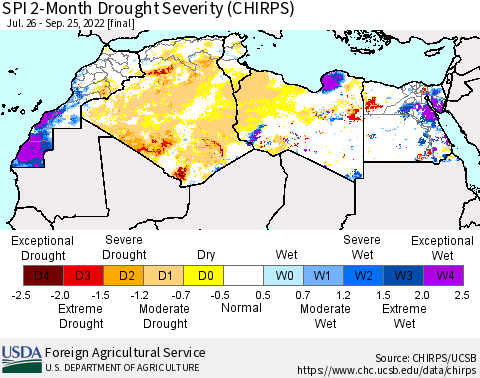 North Africa SPI 2-Month Drought Severity (CHIRPS) Thematic Map For 7/26/2022 - 9/25/2022