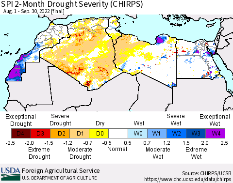 North Africa SPI 2-Month Drought Severity (CHIRPS) Thematic Map For 8/1/2022 - 9/30/2022