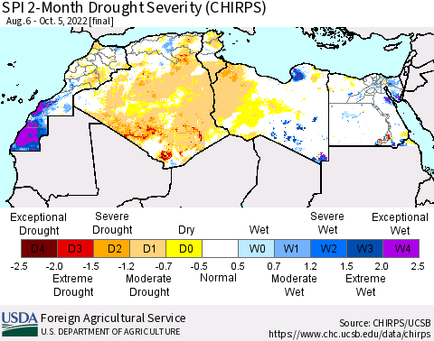 North Africa SPI 2-Month Drought Severity (CHIRPS) Thematic Map For 8/6/2022 - 10/5/2022