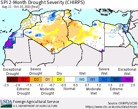 North Africa SPI 2-Month Drought Severity (CHIRPS) Thematic Map For 8/11/2022 - 10/10/2022