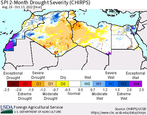 North Africa SPI 2-Month Drought Severity (CHIRPS) Thematic Map For 8/16/2022 - 10/15/2022