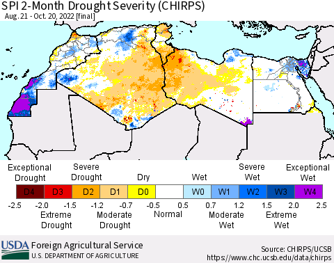 North Africa SPI 2-Month Drought Severity (CHIRPS) Thematic Map For 8/21/2022 - 10/20/2022
