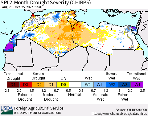 North Africa SPI 2-Month Drought Severity (CHIRPS) Thematic Map For 8/26/2022 - 10/25/2022