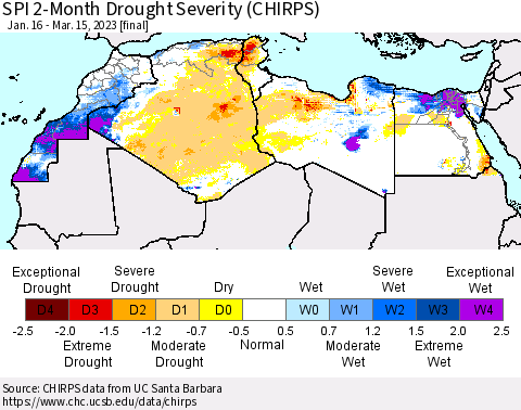 North Africa SPI 2-Month Drought Severity (CHIRPS) Thematic Map For 1/16/2023 - 3/15/2023