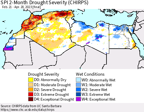 North Africa SPI 2-Month Drought Severity (CHIRPS) Thematic Map For 2/21/2023 - 4/20/2023