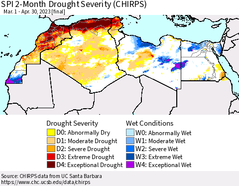 North Africa SPI 2-Month Drought Severity (CHIRPS) Thematic Map For 3/1/2023 - 4/30/2023
