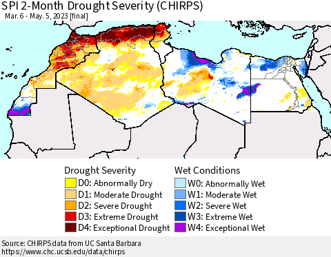 North Africa SPI 2-Month Drought Severity (CHIRPS) Thematic Map For 3/6/2023 - 5/5/2023