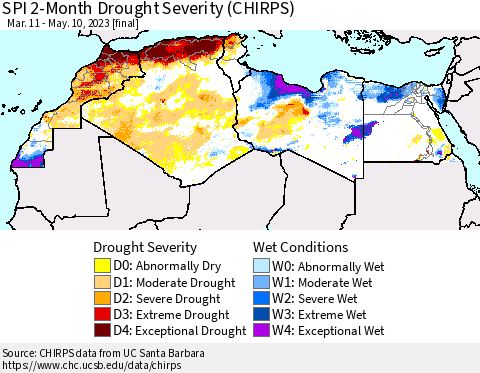 North Africa SPI 2-Month Drought Severity (CHIRPS) Thematic Map For 3/11/2023 - 5/10/2023