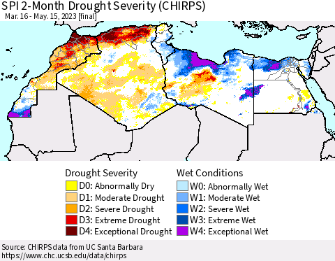 North Africa SPI 2-Month Drought Severity (CHIRPS) Thematic Map For 3/16/2023 - 5/15/2023