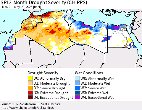 North Africa SPI 2-Month Drought Severity (CHIRPS) Thematic Map For 3/21/2023 - 5/20/2023