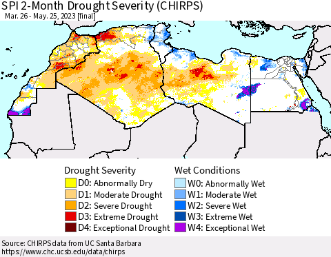 North Africa SPI 2-Month Drought Severity (CHIRPS) Thematic Map For 3/26/2023 - 5/25/2023