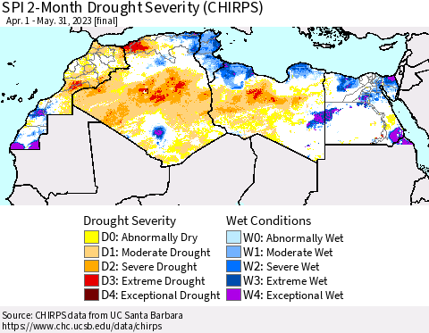 North Africa SPI 2-Month Drought Severity (CHIRPS) Thematic Map For 4/1/2023 - 5/31/2023