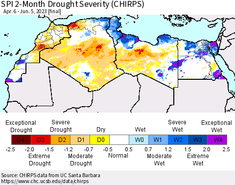 North Africa SPI 2-Month Drought Severity (CHIRPS) Thematic Map For 4/6/2023 - 6/5/2023