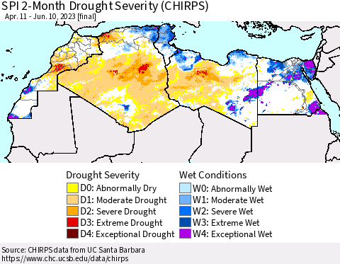North Africa SPI 2-Month Drought Severity (CHIRPS) Thematic Map For 4/11/2023 - 6/10/2023