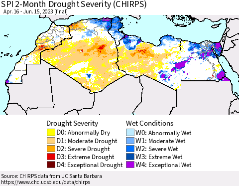 North Africa SPI 2-Month Drought Severity (CHIRPS) Thematic Map For 4/16/2023 - 6/15/2023