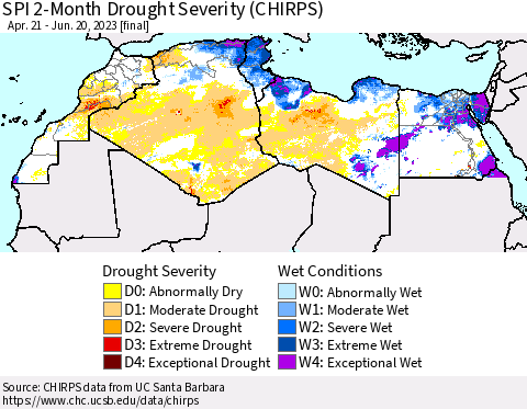 North Africa SPI 2-Month Drought Severity (CHIRPS) Thematic Map For 4/21/2023 - 6/20/2023