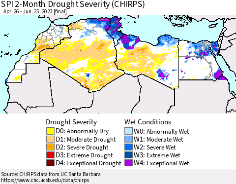 North Africa SPI 2-Month Drought Severity (CHIRPS) Thematic Map For 4/26/2023 - 6/25/2023