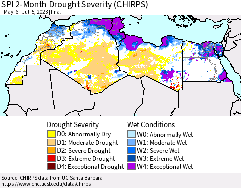North Africa SPI 2-Month Drought Severity (CHIRPS) Thematic Map For 5/6/2023 - 7/5/2023