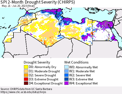 North Africa SPI 2-Month Drought Severity (CHIRPS) Thematic Map For 5/21/2023 - 7/20/2023