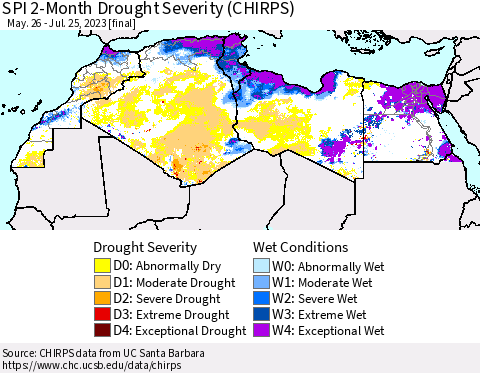 North Africa SPI 2-Month Drought Severity (CHIRPS) Thematic Map For 5/26/2023 - 7/25/2023