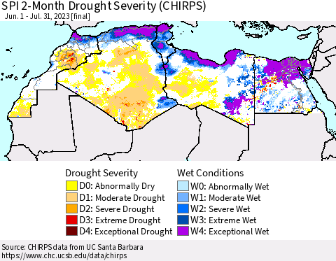 North Africa SPI 2-Month Drought Severity (CHIRPS) Thematic Map For 6/1/2023 - 7/31/2023