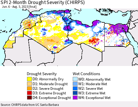 North Africa SPI 2-Month Drought Severity (CHIRPS) Thematic Map For 6/6/2023 - 8/5/2023