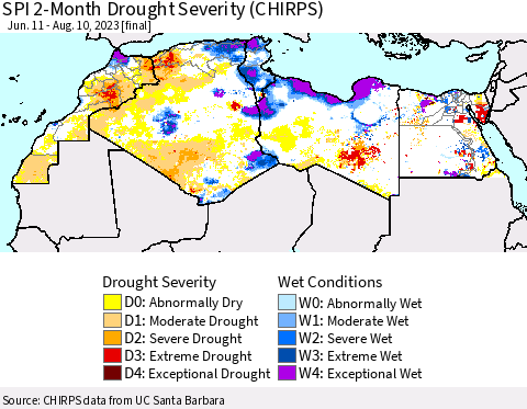 North Africa SPI 2-Month Drought Severity (CHIRPS) Thematic Map For 6/11/2023 - 8/10/2023