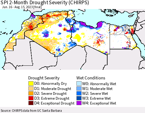 North Africa SPI 2-Month Drought Severity (CHIRPS) Thematic Map For 6/16/2023 - 8/15/2023
