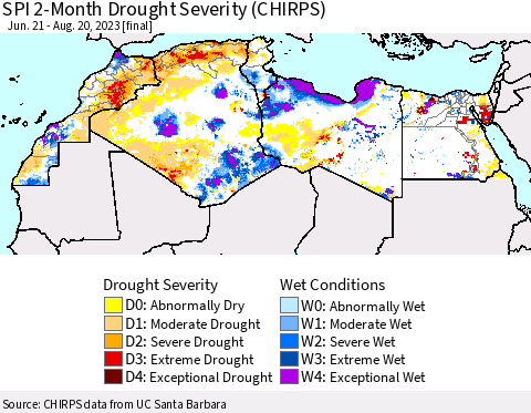 North Africa SPI 2-Month Drought Severity (CHIRPS) Thematic Map For 6/21/2023 - 8/20/2023