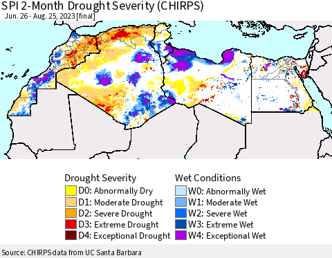 North Africa SPI 2-Month Drought Severity (CHIRPS) Thematic Map For 6/26/2023 - 8/25/2023