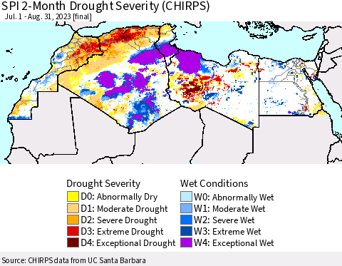 North Africa SPI 2-Month Drought Severity (CHIRPS) Thematic Map For 7/1/2023 - 8/31/2023