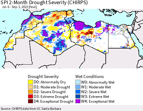 North Africa SPI 2-Month Drought Severity (CHIRPS) Thematic Map For 7/6/2023 - 9/5/2023