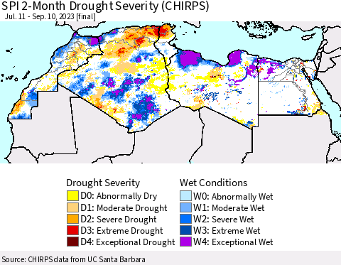 North Africa SPI 2-Month Drought Severity (CHIRPS) Thematic Map For 7/11/2023 - 9/10/2023
