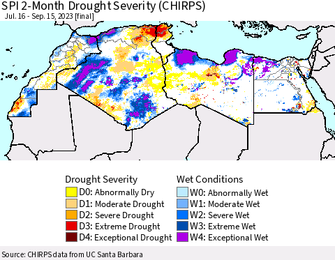 North Africa SPI 2-Month Drought Severity (CHIRPS) Thematic Map For 7/16/2023 - 9/15/2023