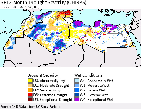 North Africa SPI 2-Month Drought Severity (CHIRPS) Thematic Map For 7/21/2023 - 9/20/2023