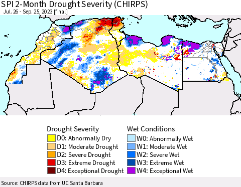 North Africa SPI 2-Month Drought Severity (CHIRPS) Thematic Map For 7/26/2023 - 9/25/2023