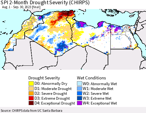 North Africa SPI 2-Month Drought Severity (CHIRPS) Thematic Map For 8/1/2023 - 9/30/2023