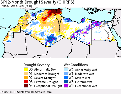 North Africa SPI 2-Month Drought Severity (CHIRPS) Thematic Map For 8/6/2023 - 10/5/2023