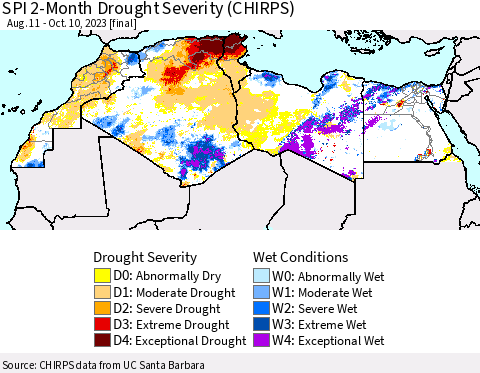 North Africa SPI 2-Month Drought Severity (CHIRPS) Thematic Map For 8/11/2023 - 10/10/2023