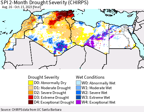 North Africa SPI 2-Month Drought Severity (CHIRPS) Thematic Map For 8/16/2023 - 10/15/2023
