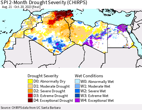 North Africa SPI 2-Month Drought Severity (CHIRPS) Thematic Map For 8/21/2023 - 10/20/2023