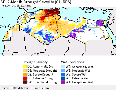 North Africa SPI 2-Month Drought Severity (CHIRPS) Thematic Map For 8/26/2023 - 10/25/2023