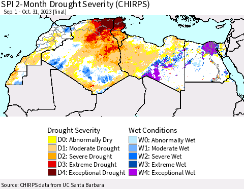 North Africa SPI 2-Month Drought Severity (CHIRPS) Thematic Map For 9/1/2023 - 10/31/2023