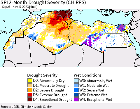 North Africa SPI 2-Month Drought Severity (CHIRPS) Thematic Map For 9/6/2023 - 11/5/2023