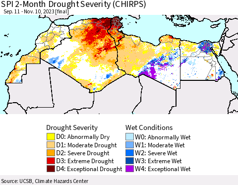 North Africa SPI 2-Month Drought Severity (CHIRPS) Thematic Map For 9/11/2023 - 11/10/2023