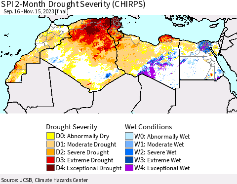 North Africa SPI 2-Month Drought Severity (CHIRPS) Thematic Map For 9/16/2023 - 11/15/2023